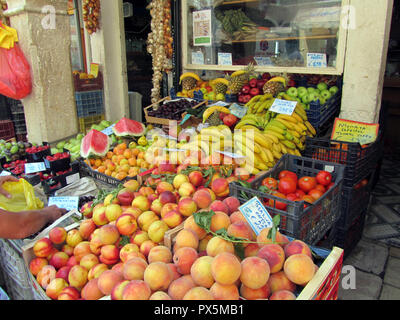 Crete, Greece - JUNE 25, 2013: Island Fondling, covered market in the Eleftherias space, price. Crete, Greece Stock Photo