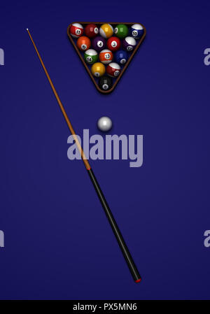 Billiard balls and cue from top view Stock Photo