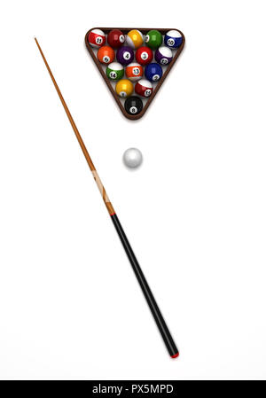 Billiard balls and cue from top view Stock Photo