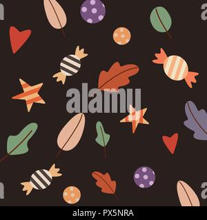 Pattern autumn object on white background. Seamless pattern with candies. leaves nature, print, love, star, holiday. Vector illustration eps10 flat ic Stock Vector