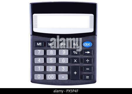 Classic black calculator with blank screen isolated on white background. Stock Photo