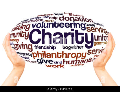 Charity word cloud hand sphere concept on white background. Stock Photo