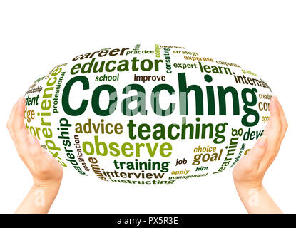 Coaching word cloud hand sphere concept on white background. Stock Photo