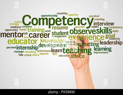 Competency, word cloud and hand with marker concept on white background. Stock Photo