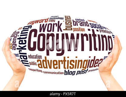 Copywriting word cloud hand sphere concept on white background. Stock Photo