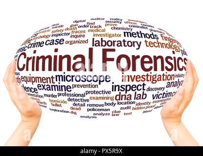 Criminal Forensics word cloud hand sphere concept on white background. Stock Photo