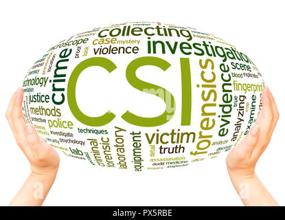 CSI Crime Scene Investigation word hand sphere cloud concept on white background. Stock Photo