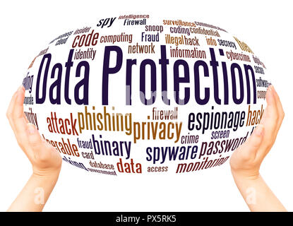Data Protection word cloud hand sphere concept on white background. Stock Photo