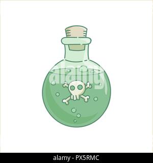 Poison venom potion gin lass bottle green liquid spell with scull for holiday Halloween vector isolated on white Stock Vector