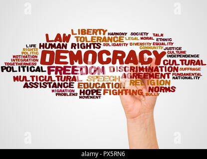 Democracy word cloud and hand with marker concept on white background. Stock Photo