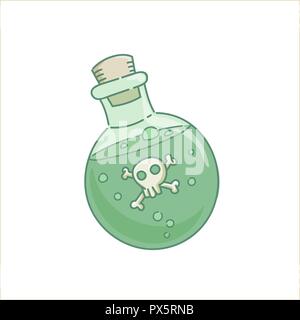 Poison venom potion gin lass bottle green liquid spell with scull for holiday Halloween vector isolated on white Stock Vector