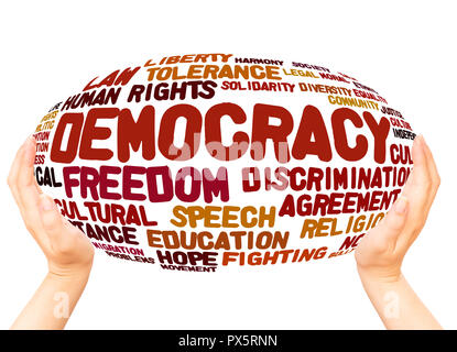 Democracy word cloud hand sphere concept on white background. Stock Photo