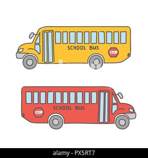 School bus set of two colors red and yellow doodles in cartoon style back to school vector collection Stock Vector