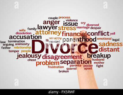 Divorce word cloud and hand with marker concept on white background. Stock Photo