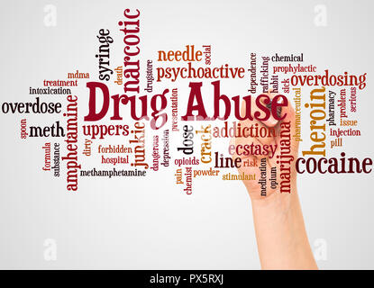 Drug Abuse word cloud and hand with marker concept on white background. Stock Photo