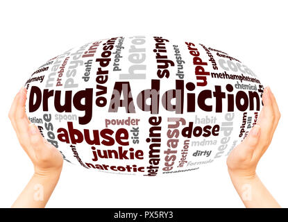 Drug addiction word cloud hand sphere concept on white background. Stock Photo
