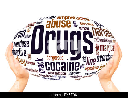 Drugs word cloud hand sphere concept on white background. Stock Photo