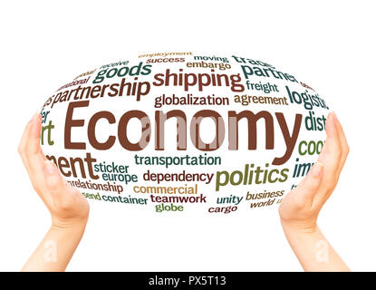 Economy word cloud hand sphere concept on white background. Stock Photo