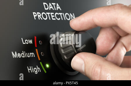 Cybersecurity concept. Man switching personal data protection system to the highest position. Stock Photo
