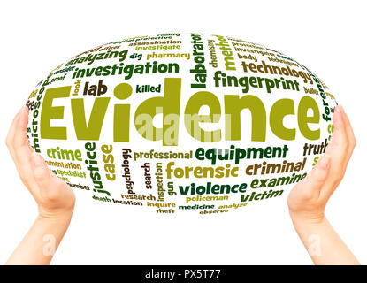 Evidence word cloud hand sphere concept on white background. Stock Photo