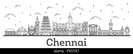 Outline Chennai India City Skyline with Historic Buildings Isolated on White. Vector Illustration. Chennai Cityscape with Landmarks. Stock Vector