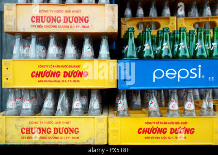 Soda. Empty glass bottles.  Cai Be. Vietnam. Stock Photo