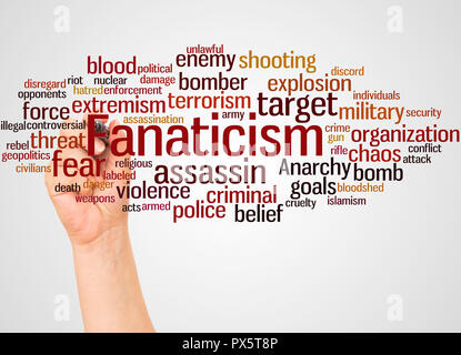 Fanaticism word cloud and hand with marker concept on white background. Stock Photo