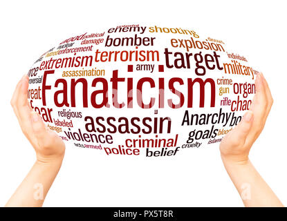 Fanaticism word cloud hand sphere concept on white background. Stock Photo