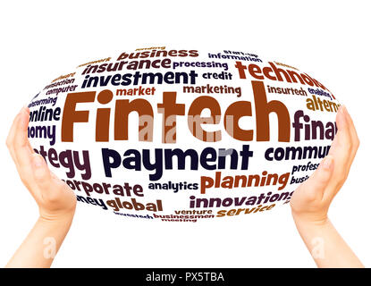 Fintech word cloud hand sphere concept on white background. Stock Photo