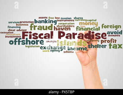 Fiscal Paradise word cloud and hand with marker concept on white background. Stock Photo