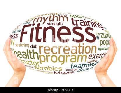 Fitness word cloud hand sphere concept on white background. Stock Photo