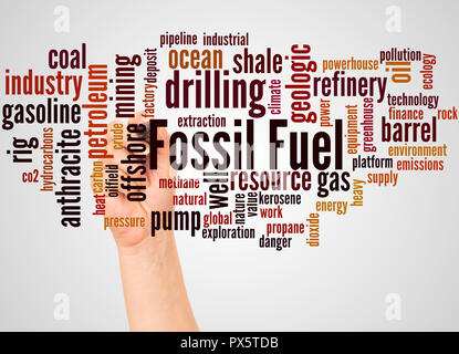 Fossil Fuel word cloud and hand with marker concept on white background. Stock Photo