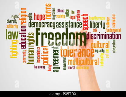 Freedom word cloud and hand with marker  concept on white background. Stock Photo