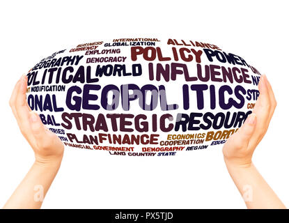 Geopolitics word cloud hand sphere hand sphere concept on white background. Stock Photo