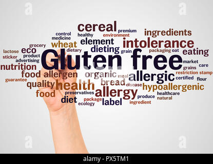 Gluten free word cloud and hand with marker concept on white background. Stock Photo
