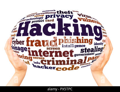 Hacking, word cloud hand sphere concept on white background. Stock Photo
