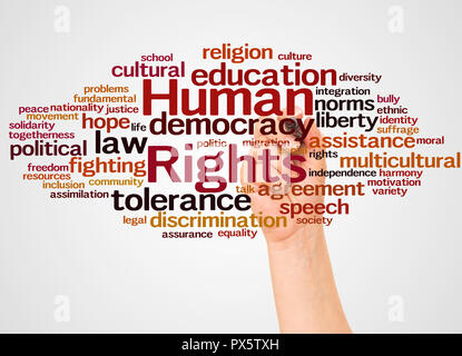 Human Rights word cloud and hand with marker  concept on white background. Stock Photo
