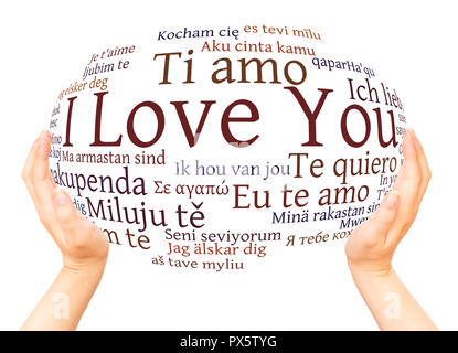 I love you in different languages. Word cloud hand sphere concept on white background. Stock Photo