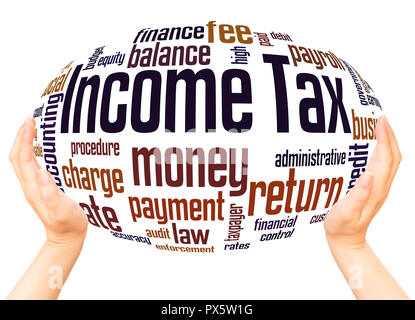 Income Tax word cloud hand sphere concept on white background. Stock Photo