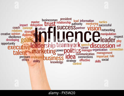 Influence word cloud and hand with marker concept on white background. Stock Photo