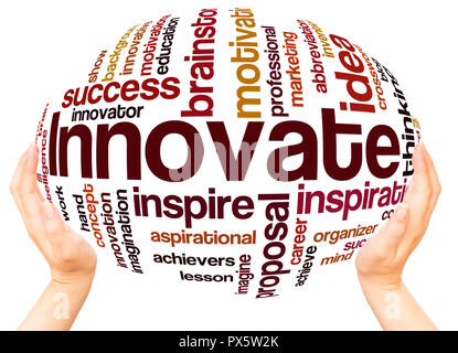Innovate word cloud hand sphere concept on white background. Stock Photo