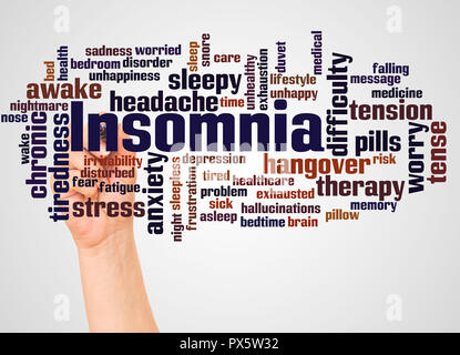 Insomnia word cloud and hand with marker concept on gradient background. Stock Photo