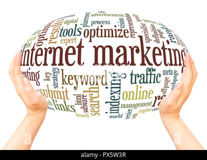 Internet marketing word cloud hand sphere concept on white background. Stock Photo