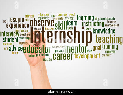 Internship word cloud and hand with marker concept on white background. Stock Photo