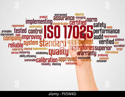 ISO 17025 word cloud and hand with marker concept on white background. Stock Photo