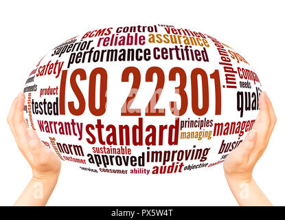 ISO 22301 - Business Continuity Management, word cloud hand sphere concept on white background. Stock Photo