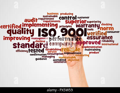 ISO 9001 word cloud and hand with marker concept on white background. Stock Photo