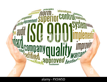 ISO 9001 word cloud hand sphere concept on white background. Stock Photo