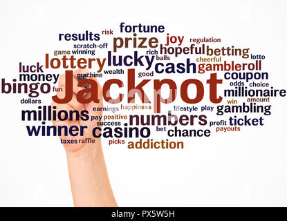Jackpot word cloud and hand with marker concept on white background. Stock Photo
