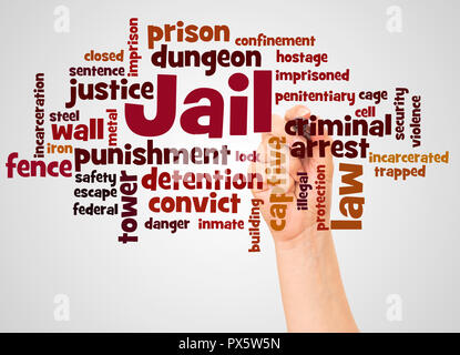 Jail word cloud and hand with marker concept on white background. Stock Photo